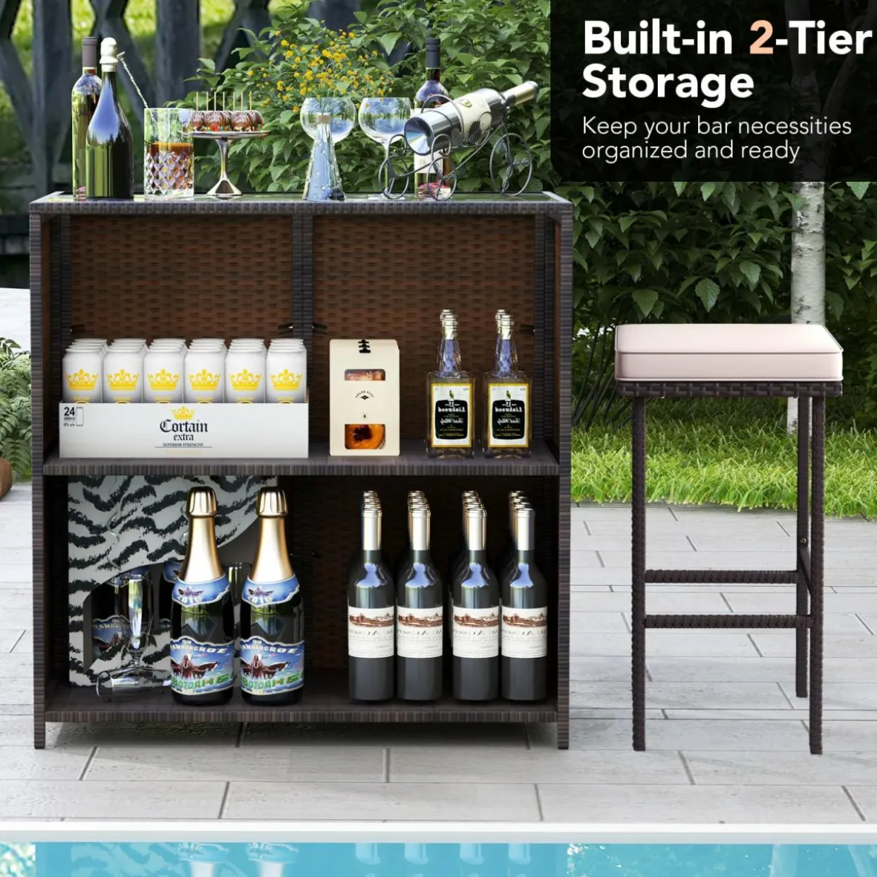 Tangkula 3 Pcs Patio Bar Set, Outdoor Rattan Bar Table and 2 Stools with Tempered Glass Tabletop, 2-Tier Storage