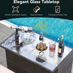 Tangkula 3 Pcs Patio Bar Set, Outdoor Rattan Bar Table and 2 Stools with Tempered Glass Tabletop, 2-Tier Storage