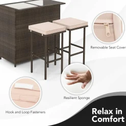 Tangkula 3 Pcs Patio Bar Set, Outdoor Rattan Bar Table and 2 Stools with Tempered Glass Tabletop, 2-Tier Storage