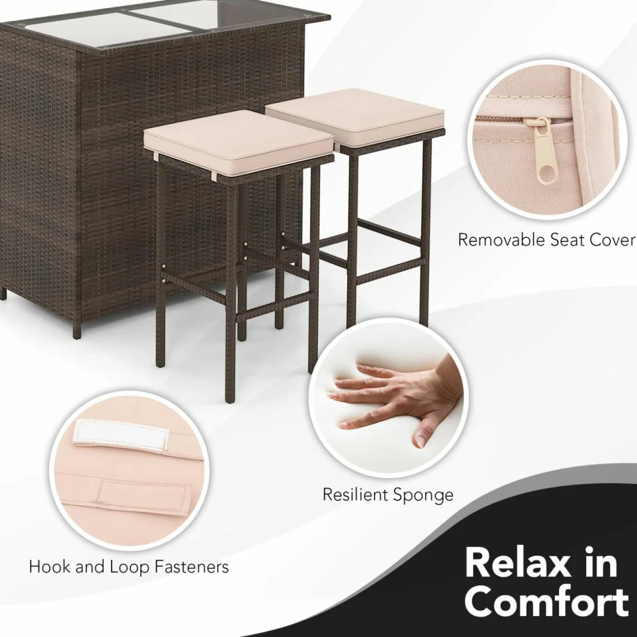Tangkula 3 Pcs Patio Bar Set, Outdoor Rattan Bar Table and 2 Stools with Tempered Glass Tabletop, 2-Tier Storage