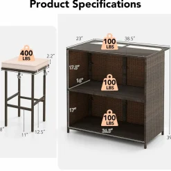 Tangkula 3 Pcs Patio Bar Set, Outdoor Rattan Bar Table and 2 Stools with Tempered Glass Tabletop, 2-Tier Storage