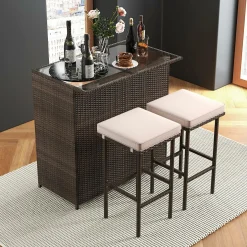 Tangkula 3 Pcs Patio Bar Set, Outdoor Rattan Bar Table and 2 Stools with Tempered Glass Tabletop, 2-Tier Storage