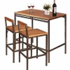 Tangkula 3 PCS Patio Bar Table Set, Outdoor Rattan Bar Set Bistro Set with Acacia Wood Top