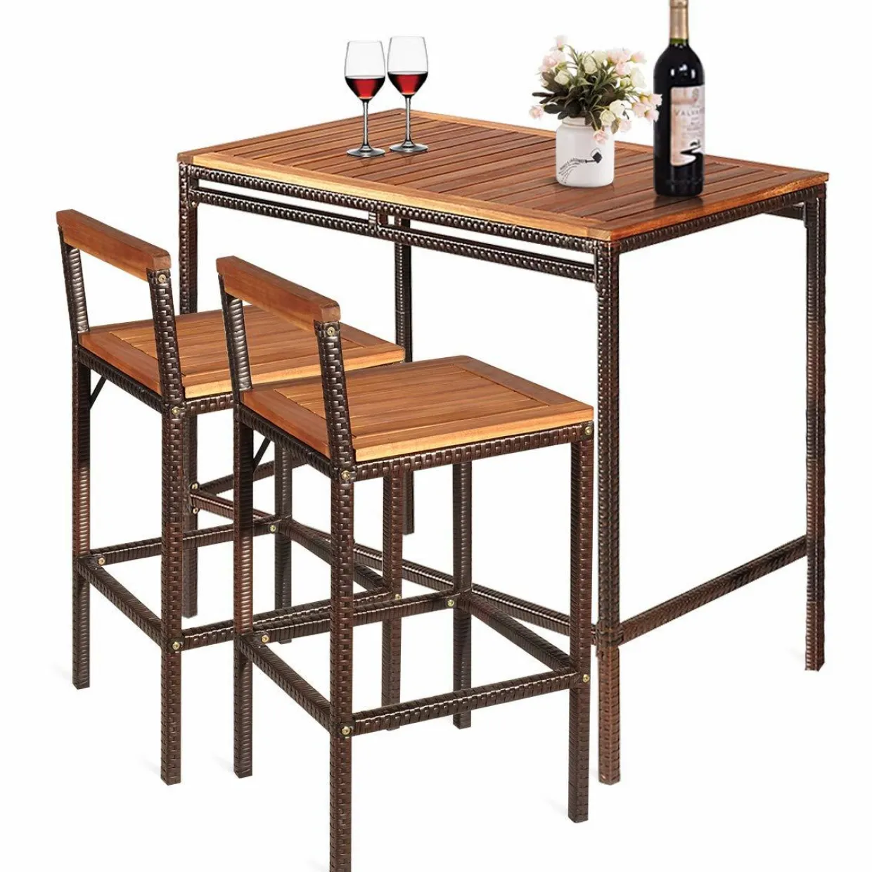 Tangkula 3 PCS Patio Bar Table Set, Outdoor Rattan Bar Set Bistro Set with Acacia Wood Top