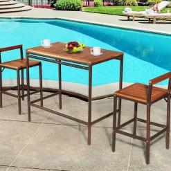 Tangkula 3 PCS Patio Bar Table Set, Outdoor Rattan Bar Set Bistro Set with Acacia Wood Top