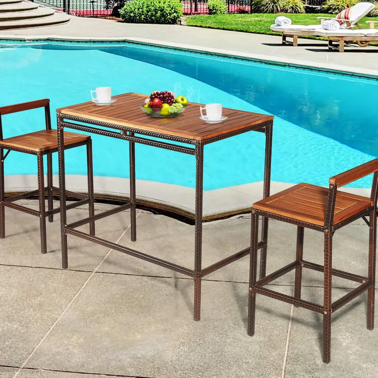 Tangkula 3 PCS Patio Bar Table Set, Outdoor Rattan Bar Set Bistro Set with Acacia Wood Top