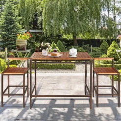 Tangkula 3 PCS Patio Bar Table Set, Outdoor Rattan Bar Set Bistro Set with Acacia Wood Top