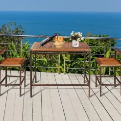 Tangkula 3 PCS Patio Bar Table Set, Outdoor Rattan Bar Set Bistro Set with Acacia Wood Top