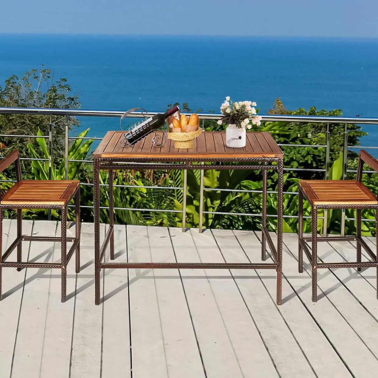 Tangkula 3 PCS Patio Bar Table Set, Outdoor Rattan Bar Set Bistro Set with Acacia Wood Top