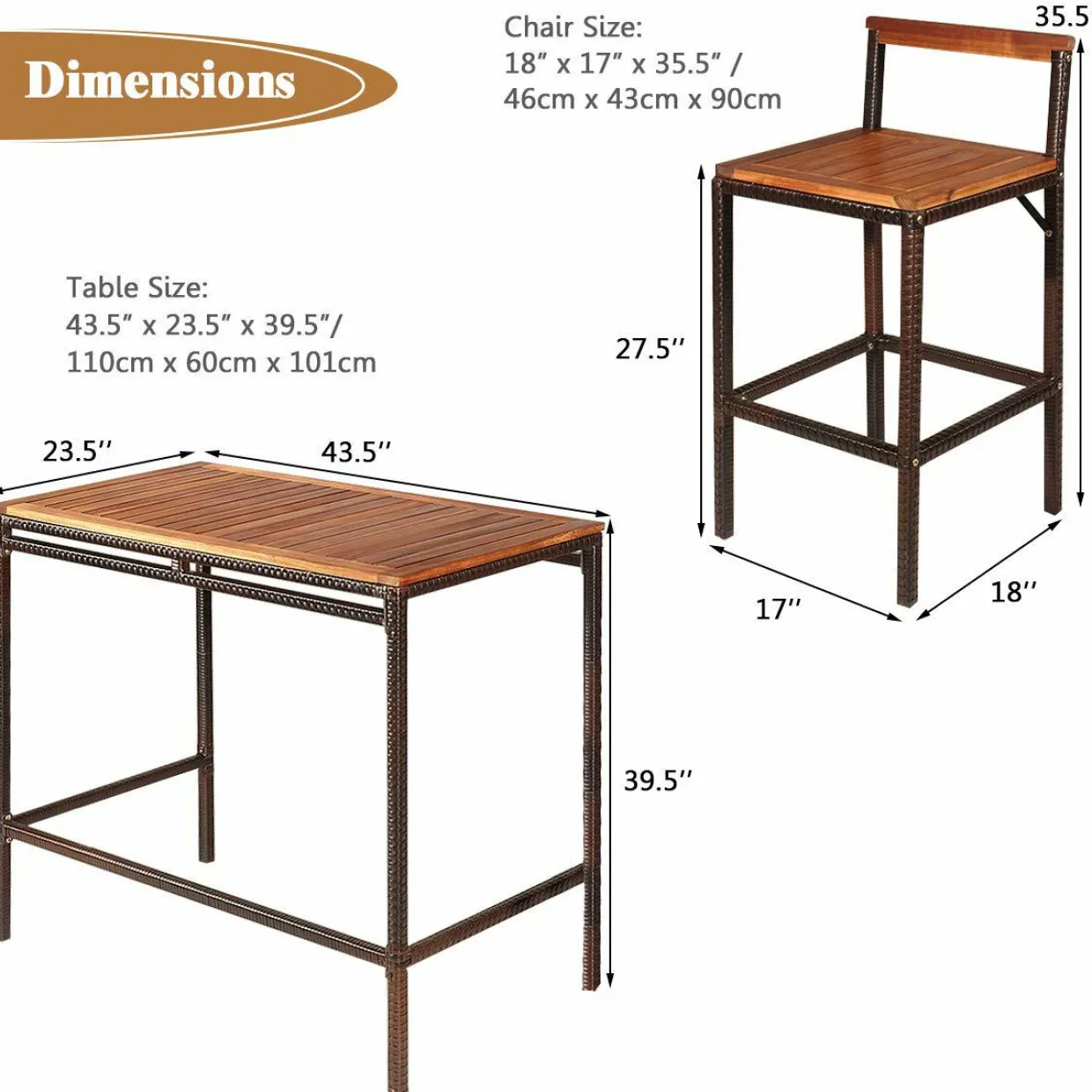 Tangkula 3 PCS Patio Bar Table Set, Outdoor Rattan Bar Set Bistro Set with Acacia Wood Top