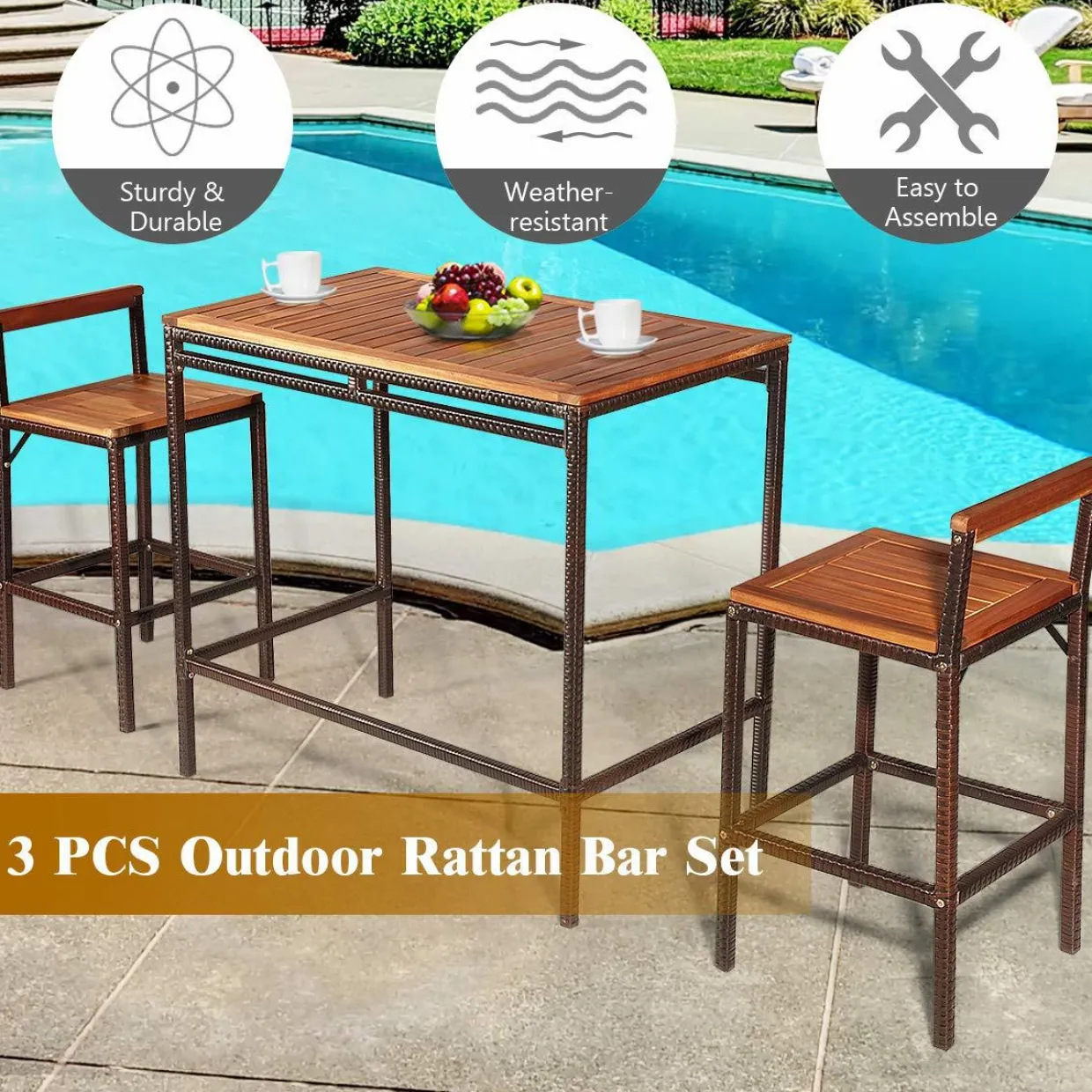 Tangkula 3 PCS Patio Bar Table Set, Outdoor Rattan Bar Set Bistro Set with Acacia Wood Top