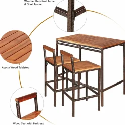 Tangkula 3 PCS Patio Bar Table Set, Outdoor Rattan Bar Set Bistro Set with Acacia Wood Top