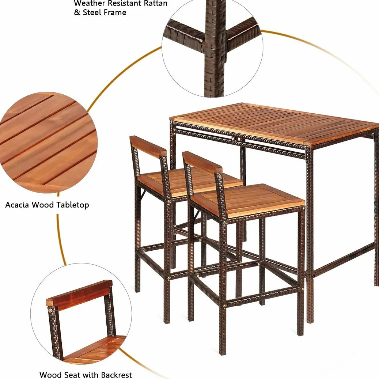 Tangkula 3 PCS Patio Bar Table Set, Outdoor Rattan Bar Set Bistro Set with Acacia Wood Top