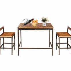 Tangkula 3 PCS Patio Bar Table Set, Outdoor Rattan Bar Set Bistro Set with Acacia Wood Top
