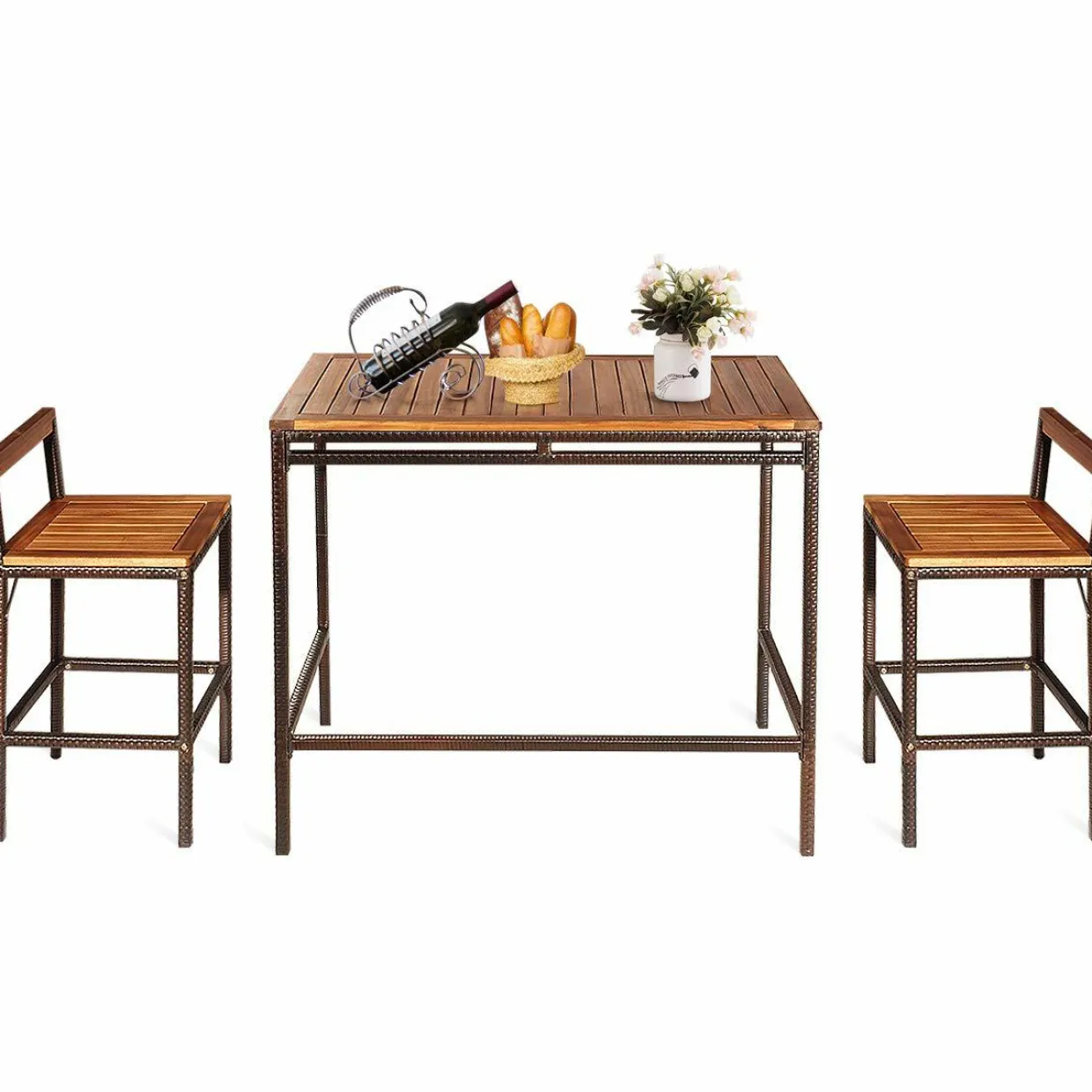 Tangkula 3 PCS Patio Bar Table Set, Outdoor Rattan Bar Set Bistro Set with Acacia Wood Top
