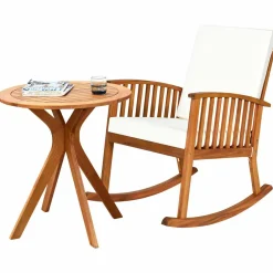 Tangkula 2 PCS Patio Bistro Set, Outdoor Acacia Wood Rocking Chair with Round Table