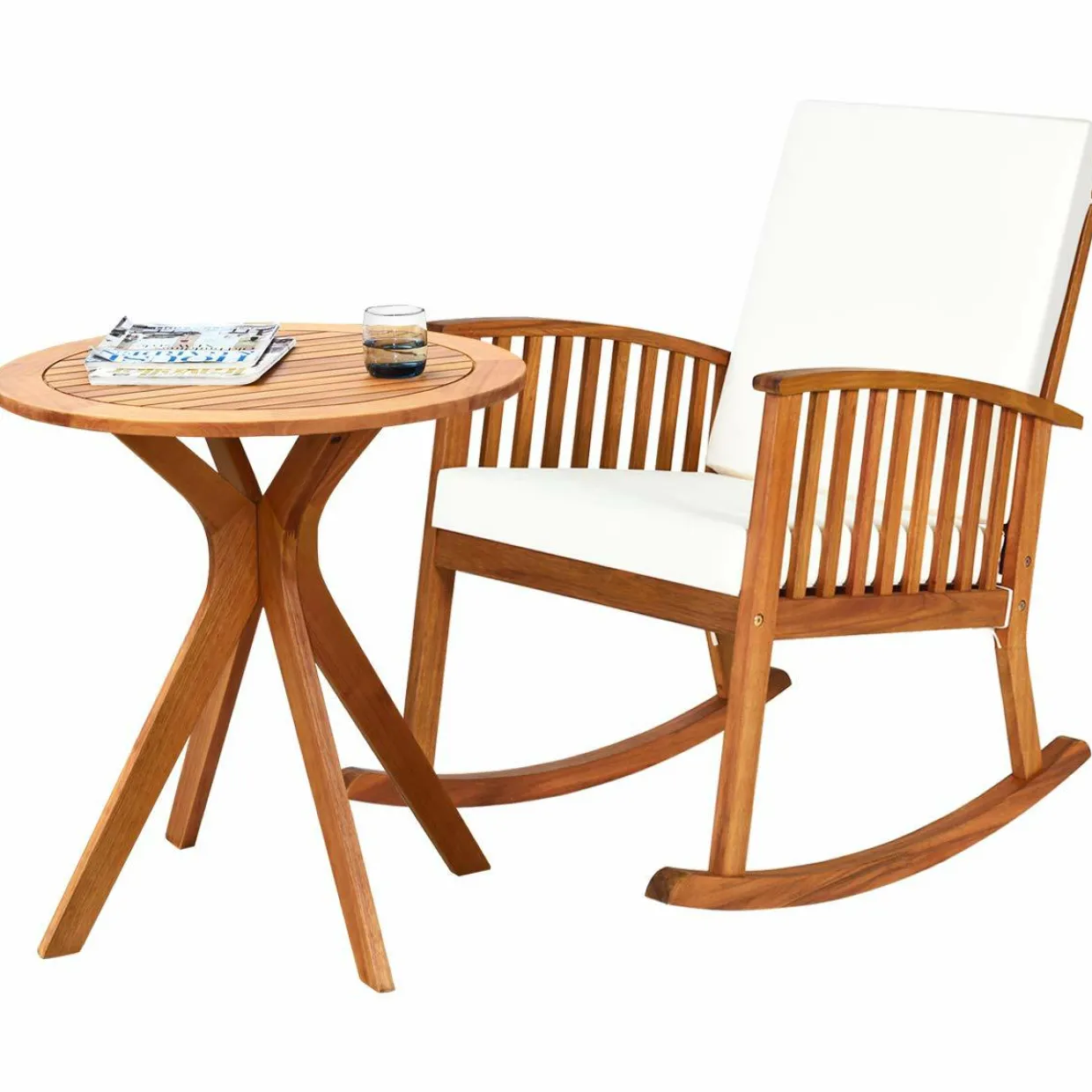 Tangkula 2 PCS Patio Bistro Set, Outdoor Acacia Wood Rocking Chair with Round Table