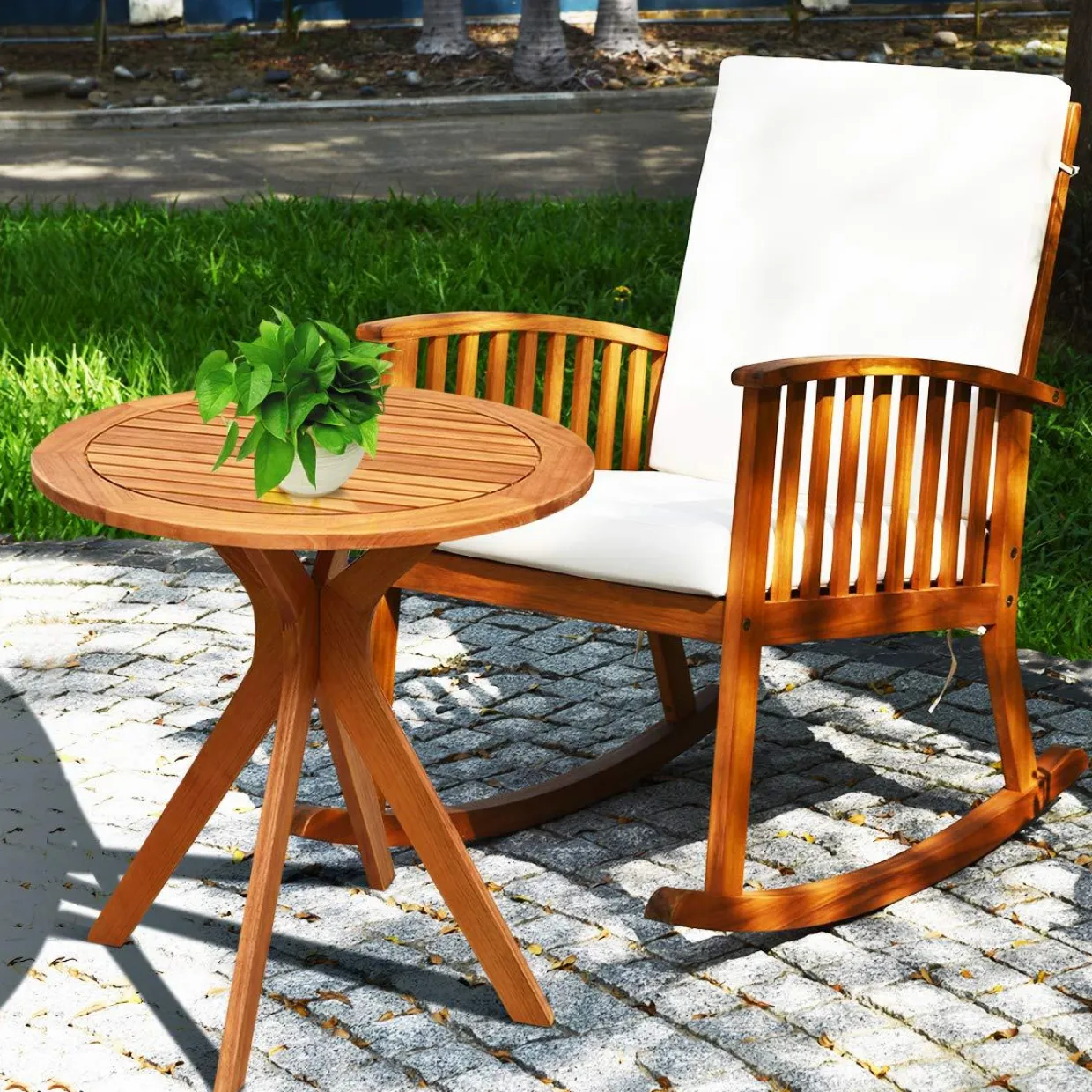 Tangkula 2 PCS Patio Bistro Set, Outdoor Acacia Wood Rocking Chair with Round Table