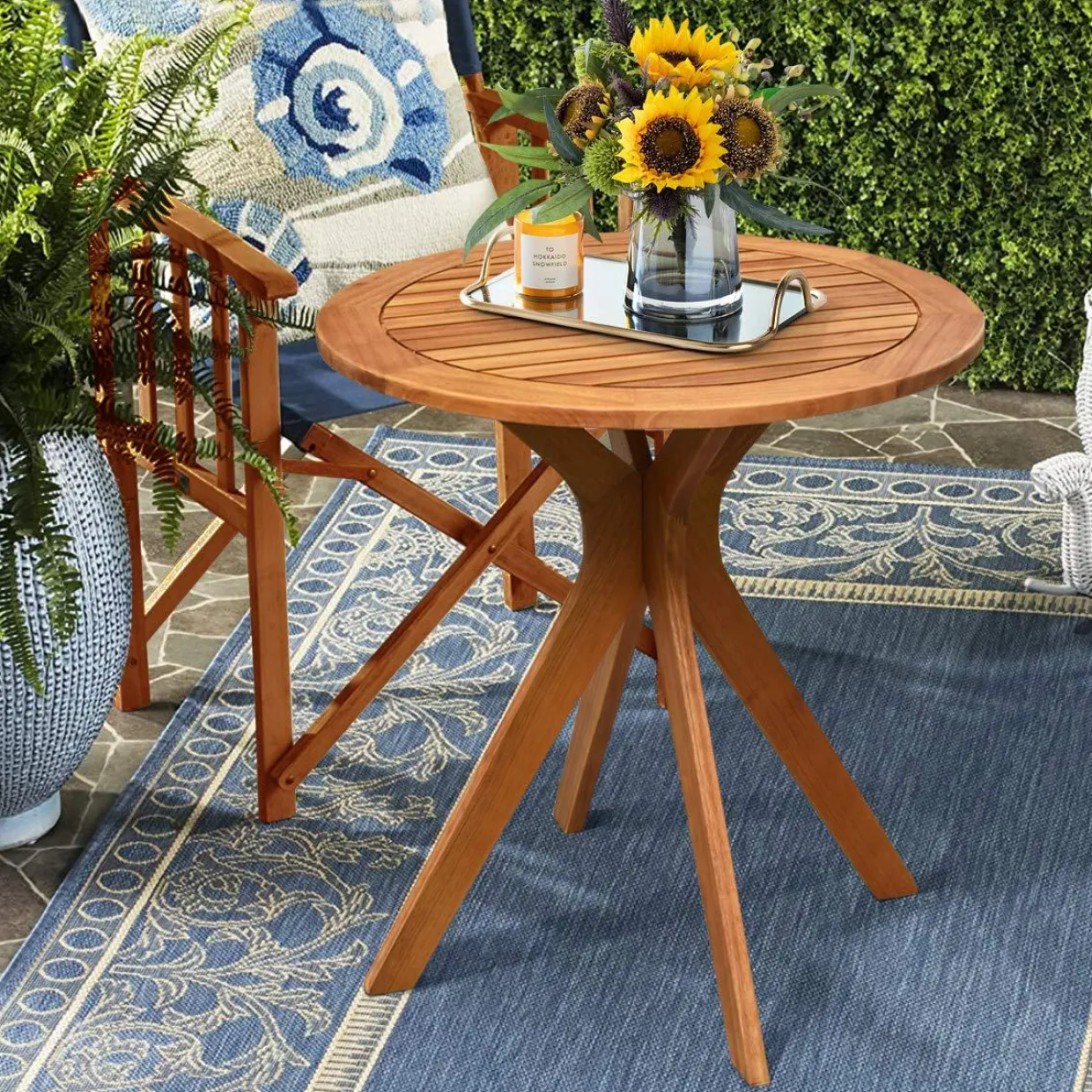 Tangkula 2 PCS Patio Bistro Set, Outdoor Acacia Wood Rocking Chair with Round Table
