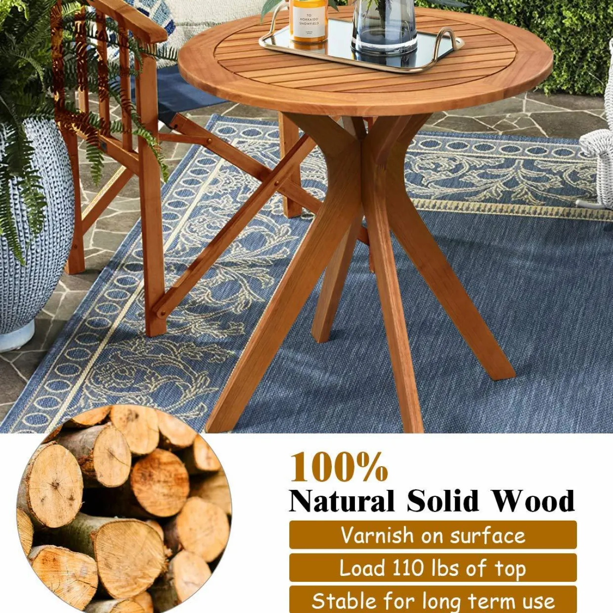 Tangkula 2 PCS Patio Bistro Set, Outdoor Acacia Wood Rocking Chair with Round Table