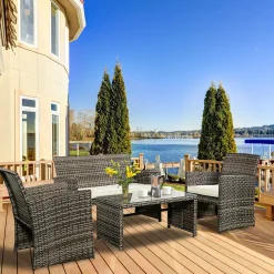 Tangkula 4 PCS Patio Conversation Set Outdoor Poolside Balcony Wicker PE Rattan Sectional Sofa Set