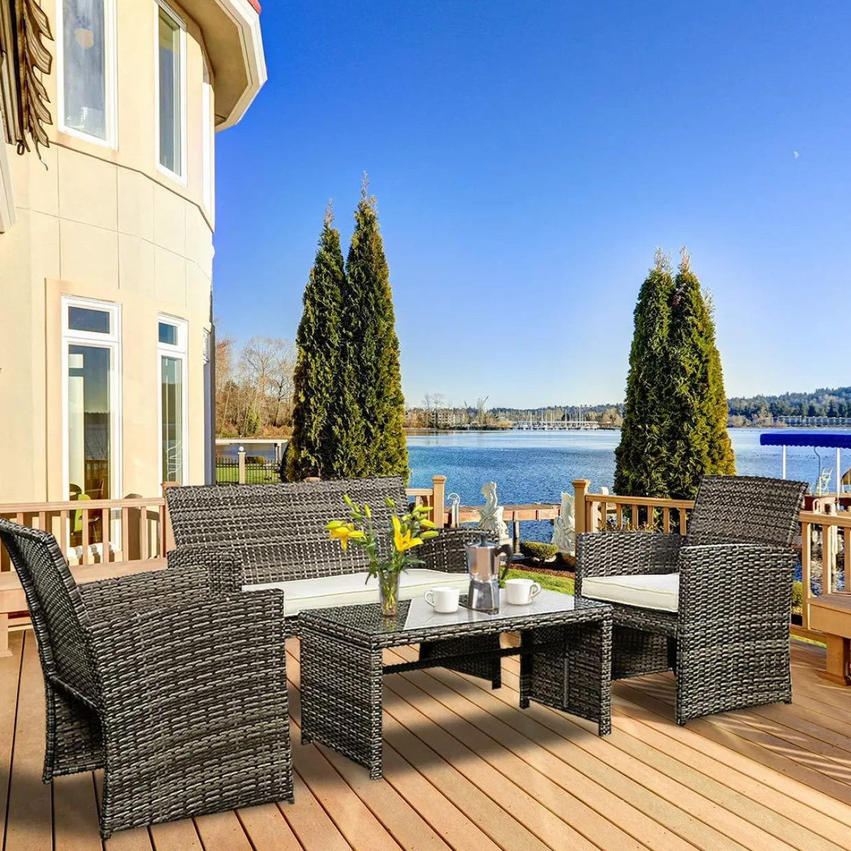 Tangkula 4 PCS Patio Conversation Set Outdoor Poolside Balcony Wicker PE Rattan Sectional Sofa Set
