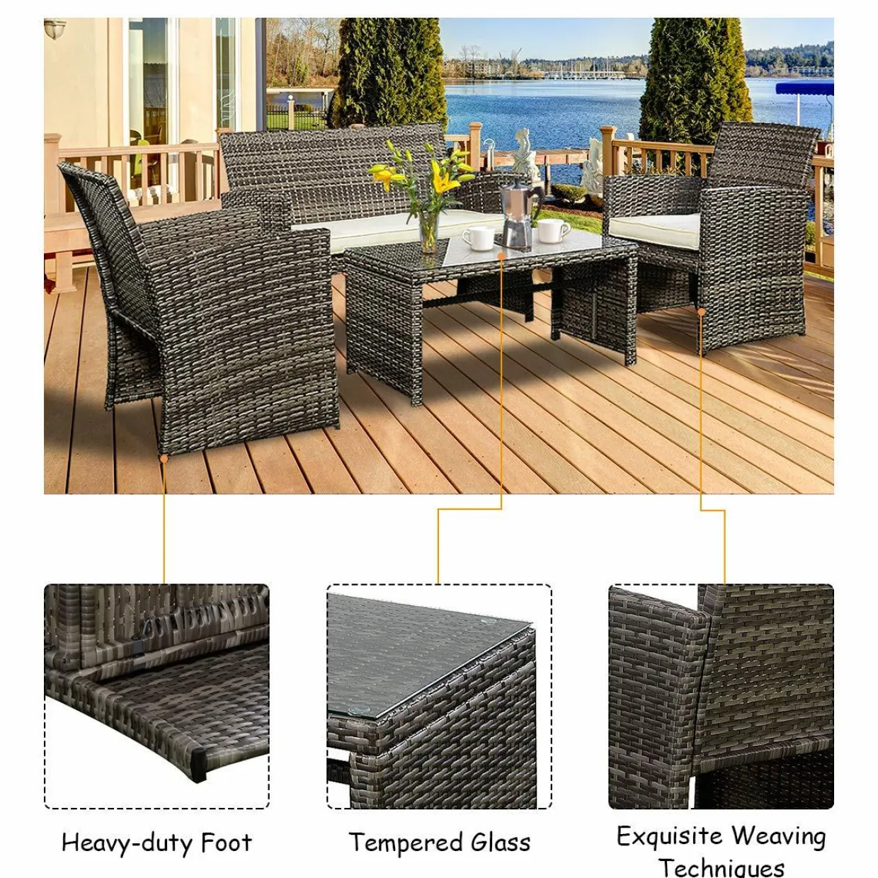 Tangkula 4 PCS Patio Conversation Set Outdoor Poolside Balcony Wicker PE Rattan Sectional Sofa Set