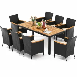 Tangkula 9 PCS Patio Dining Set for 8, Large Conversation Set with Umbrella Hole, Seat Cushion & Acacia Wood Tabletop