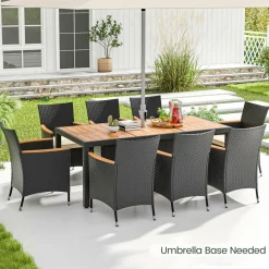 Tangkula 9 PCS Patio Dining Set for 8, Large Conversation Set with Umbrella Hole, Seat Cushion & Acacia Wood Tabletop