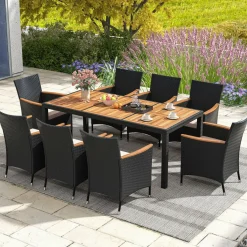 Tangkula 9 PCS Patio Dining Set for 8, Large Conversation Set with Umbrella Hole, Seat Cushion & Acacia Wood Tabletop