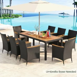 Tangkula 9 PCS Patio Dining Set for 8, Large Conversation Set with Umbrella Hole, Seat Cushion & Acacia Wood Tabletop