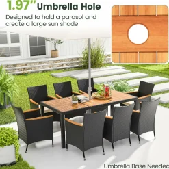 Tangkula 9 PCS Patio Dining Set for 8, Large Conversation Set with Umbrella Hole, Seat Cushion & Acacia Wood Tabletop