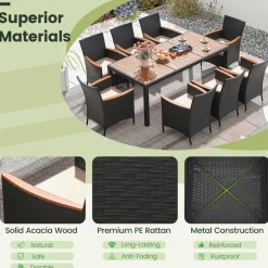 Tangkula 9 PCS Patio Dining Set for 8, Large Conversation Set with Umbrella Hole, Seat Cushion & Acacia Wood Tabletop