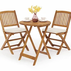 Tangkula 3 PCS Patio Folding Bistro Set, Outdoor Acacia Wood Chair and Table Set