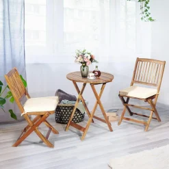 Tangkula 3 PCS Patio Folding Bistro Set, Outdoor Acacia Wood Chair and Table Set