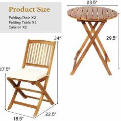 Tangkula 3 PCS Patio Folding Bistro Set, Outdoor Acacia Wood Chair and Table Set
