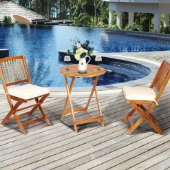 Tangkula 3 PCS Patio Folding Bistro Set, Outdoor Acacia Wood Chair and Table Set