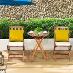 Tangkula 3 PCS Patio Folding Bistro Set, Outdoor Acacia Wood Chair and Table Set