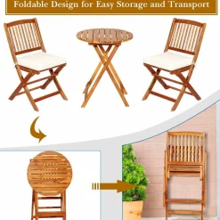 Tangkula 3 PCS Patio Folding Bistro Set, Outdoor Acacia Wood Chair and Table Set