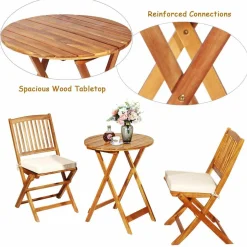 Tangkula 3 PCS Patio Folding Bistro Set, Outdoor Acacia Wood Chair and Table Set