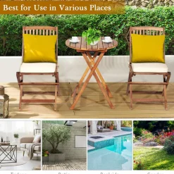 Tangkula 3 PCS Patio Folding Bistro Set, Outdoor Acacia Wood Chair and Table Set