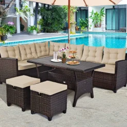 Tangkula 5 PCS Patio Furniture Set, Outdoor Conversation Set with 6 Cushioned Seat 2 Ottomans & Coffee Table