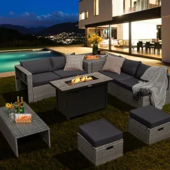 Tangkula 9 PCS Patio Furniture Set with 42” 60,000 BTU Fire Pit, Outdoor Space-Saving Sectional Sofa Set with Storage Box