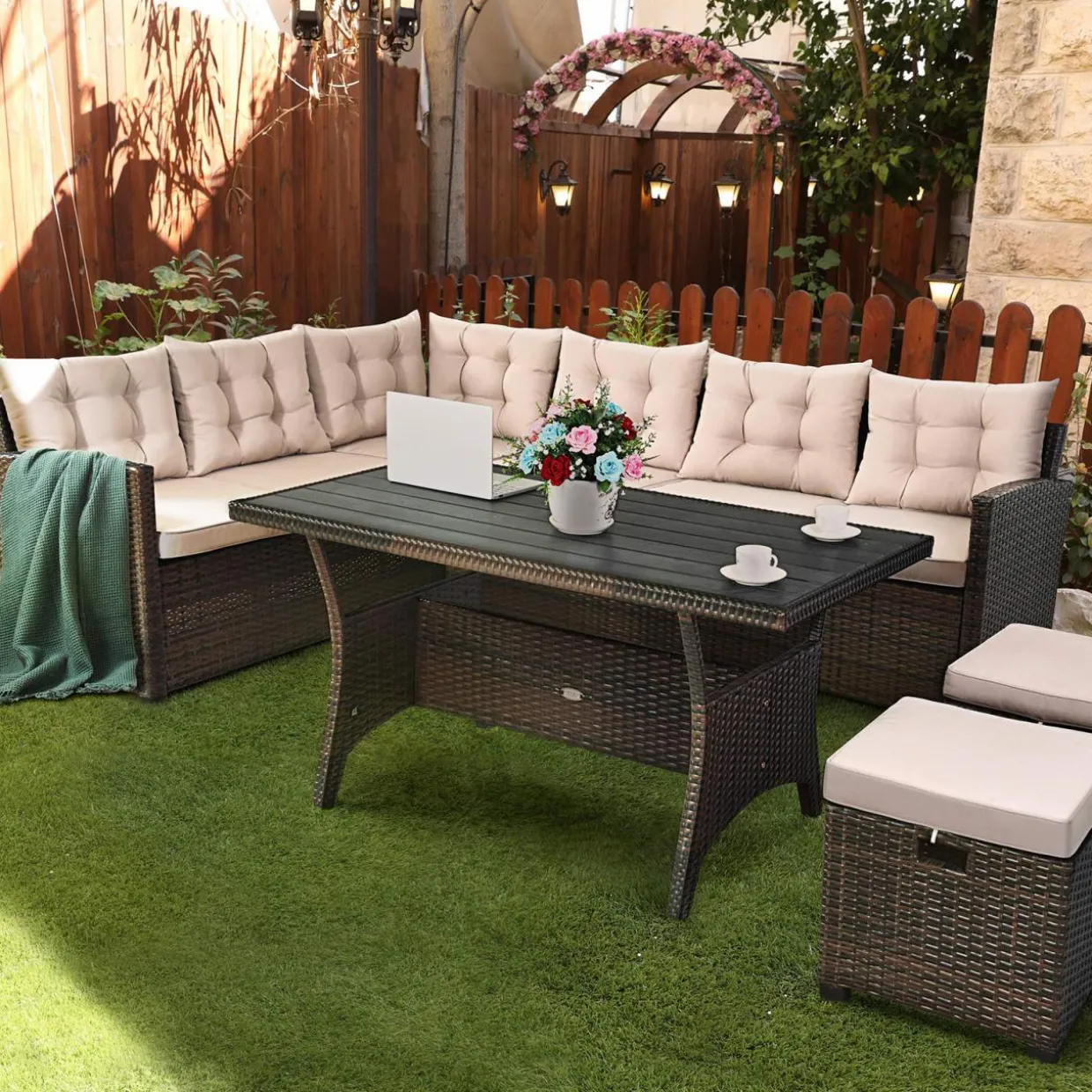 Tangkula 5 PCS Patio Furniture Set, Outdoor Conversation Set with 6 Cushioned Seat 2 Ottomans & Coffee Table
