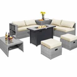 Tangkula 9 PCS Patio Furniture Set with 42” 60,000 BTU Fire Pit, Outdoor Space-Saving Sectional Sofa Set with Storage Box