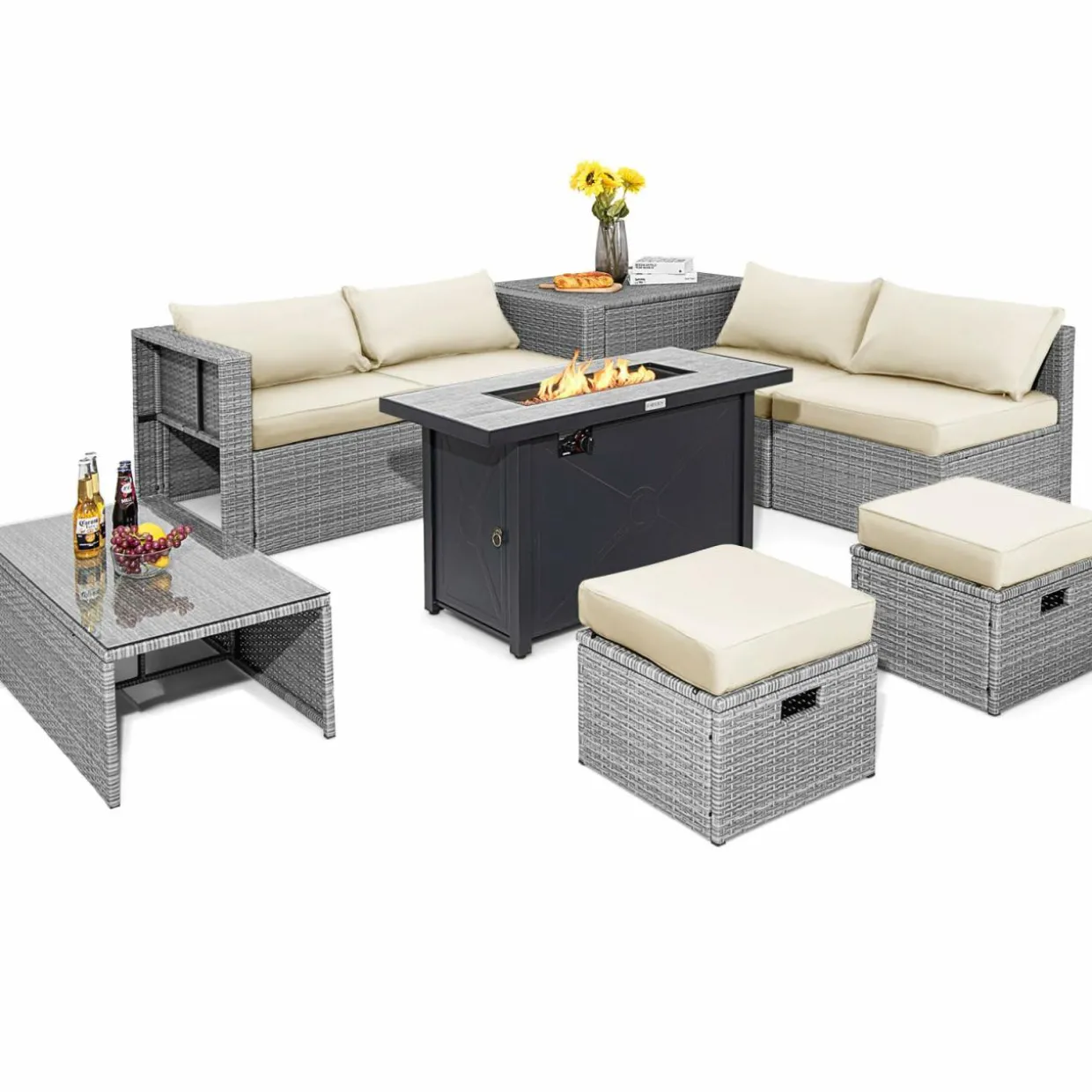 Tangkula 9 PCS Patio Furniture Set with 42” 60,000 BTU Fire Pit, Outdoor Space-Saving Sectional Sofa Set with Storage Box