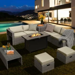 Tangkula 9 PCS Patio Furniture Set with 42” 60,000 BTU Fire Pit, Outdoor Space-Saving Sectional Sofa Set with Storage Box