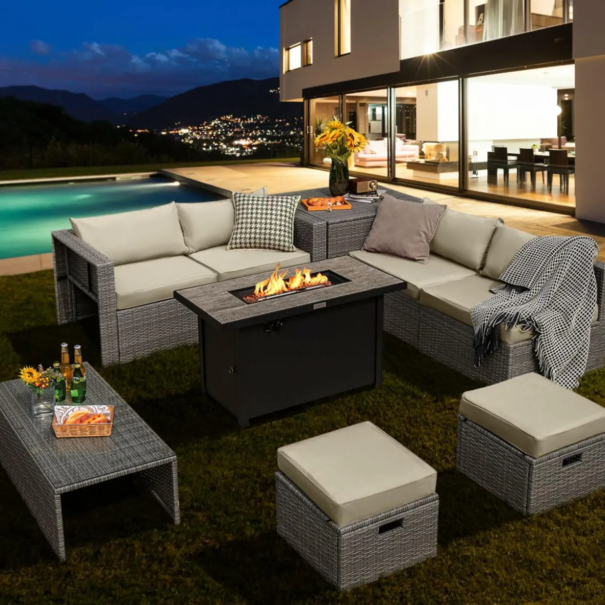 Tangkula 9 PCS Patio Furniture Set with 42” 60,000 BTU Fire Pit, Outdoor Space-Saving Sectional Sofa Set with Storage Box