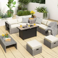 Tangkula 9 PCS Patio Furniture Set with 42” 60,000 BTU Fire Pit, Outdoor Space-Saving Sectional Sofa Set with Storage Box