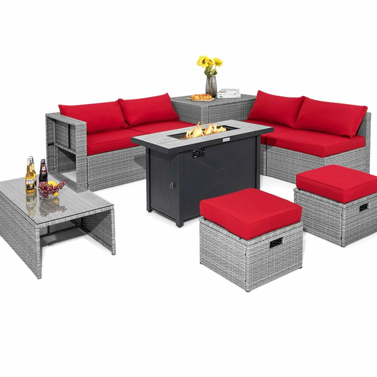 Tangkula 9 PCS Patio Furniture Set with 42” 60,000 BTU Fire Pit, Outdoor Space-Saving Sectional Sofa Set with Storage Box